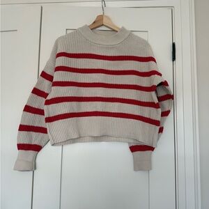Part Two Striped Red and Cream Boxy Preppy Sweater with Mock Neck - Size M